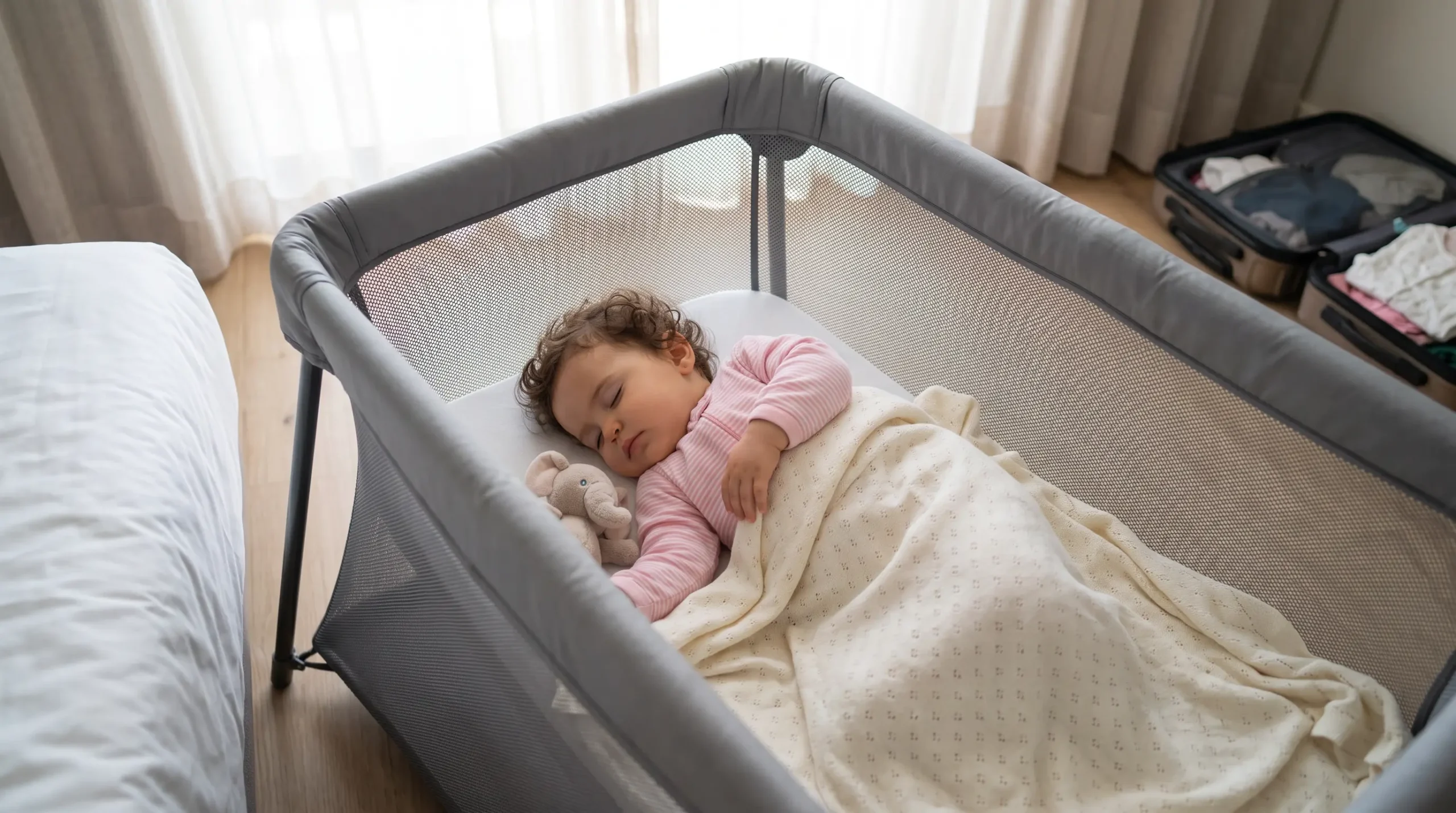Baby sleeping in a travel cot set up in a hotel room