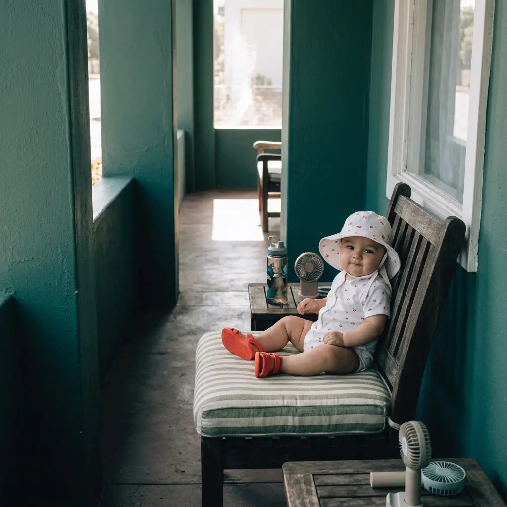 Baby kept cool and shaded during a heatwave
