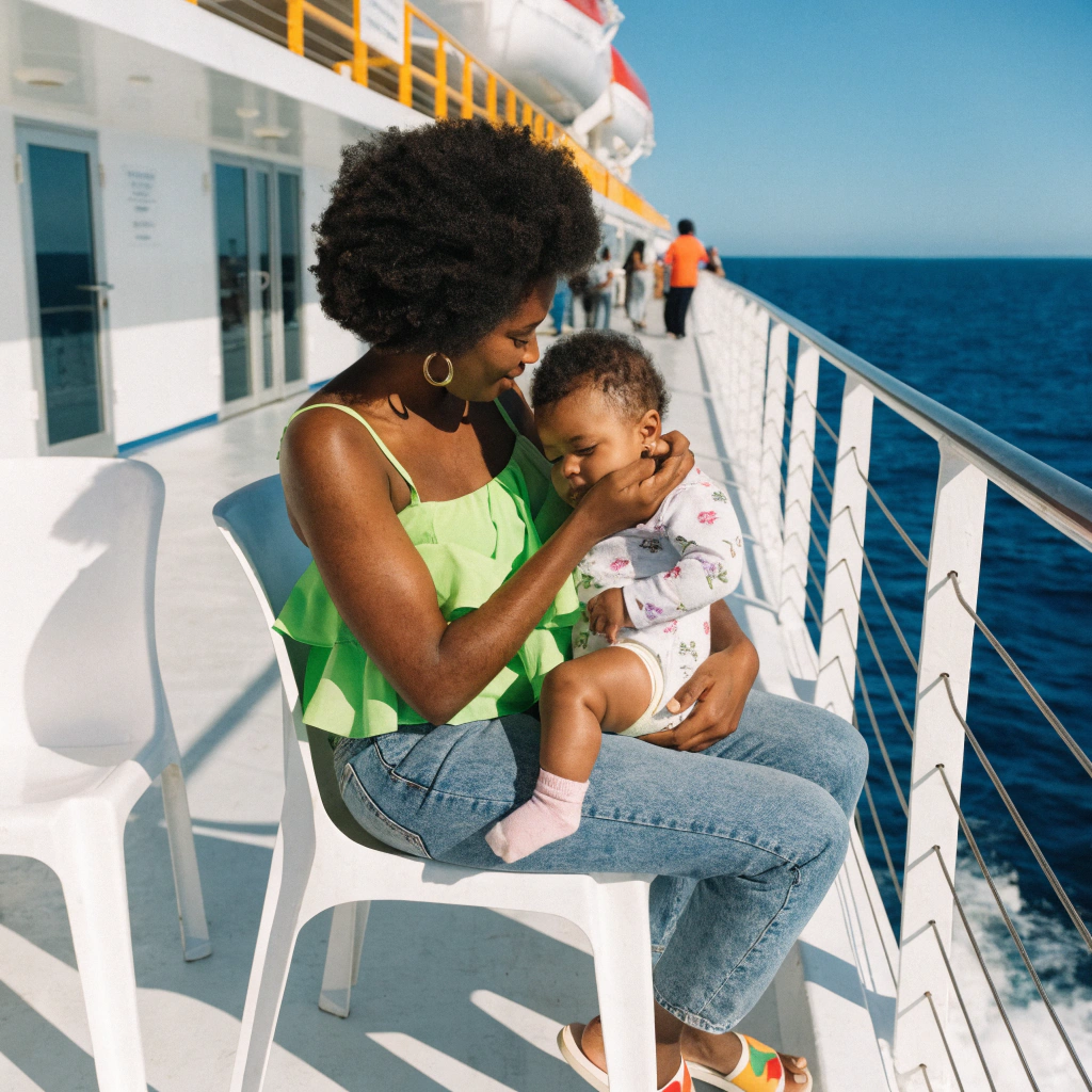 Parent holding a baby on a cruise ship deck