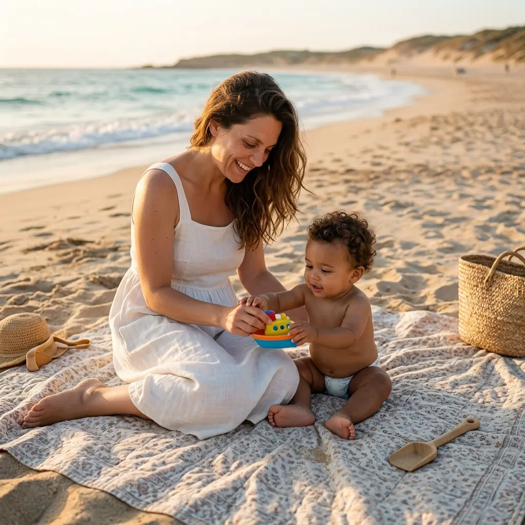 Baby sitting on the sand at the beach for the first time