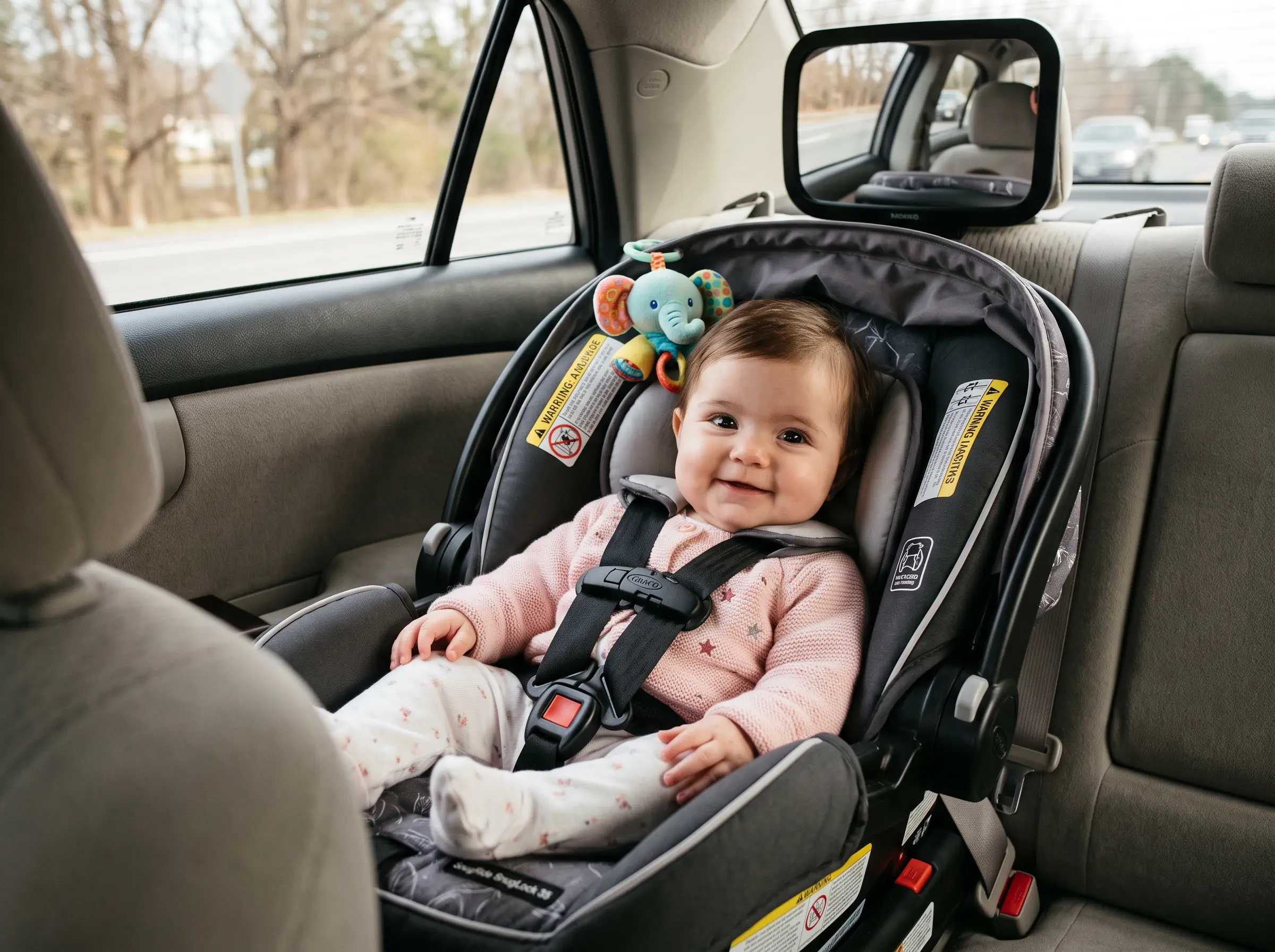 Baby sleeping in a car seat during a road trip