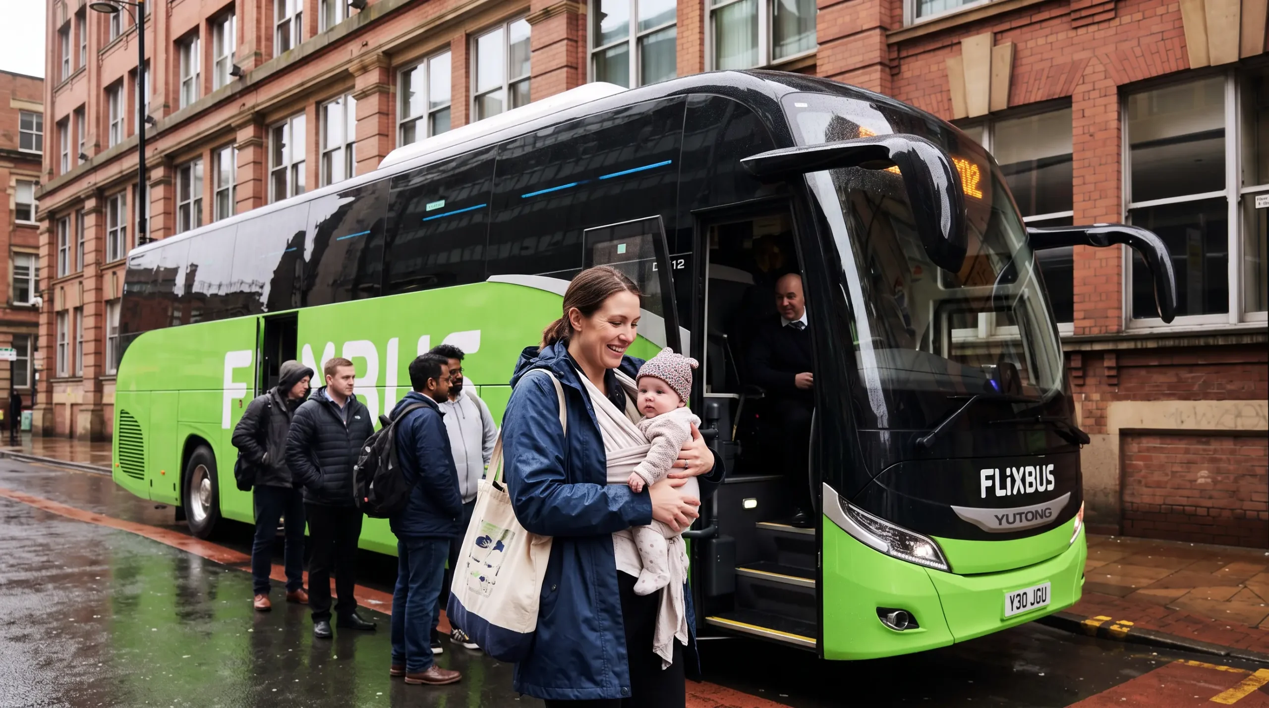 Parent holding a baby while riding a city bus