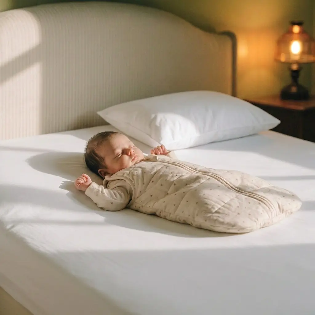 Baby sleeping warmly in a sleep sack in an unfamiliar hotel room