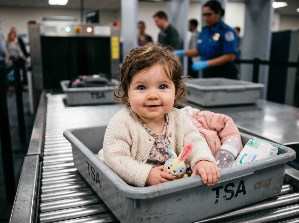 Mother and baby traveling together at the airport