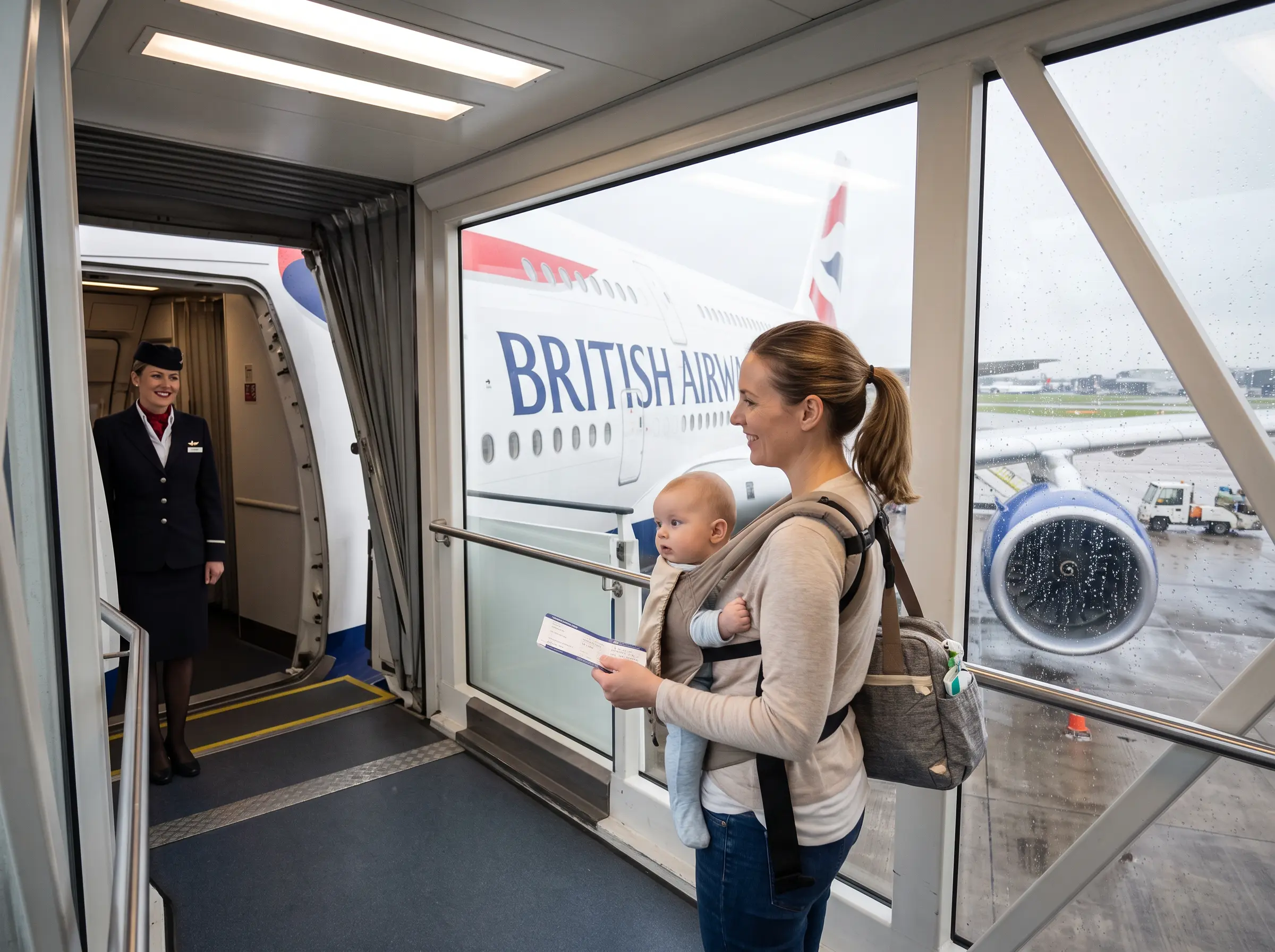 Parent with baby boarding a British Airways flight