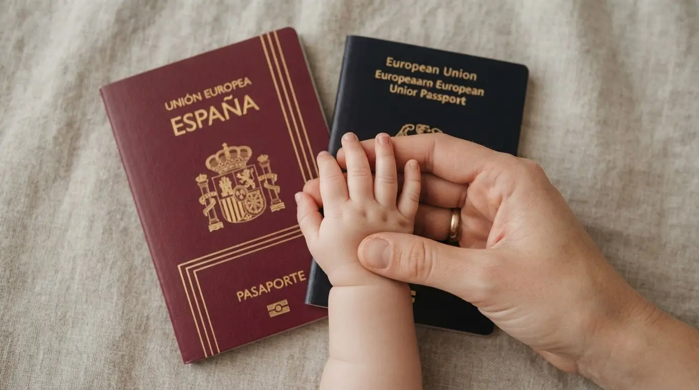 Madre preparando la documentación de su bebé para viajar en avión