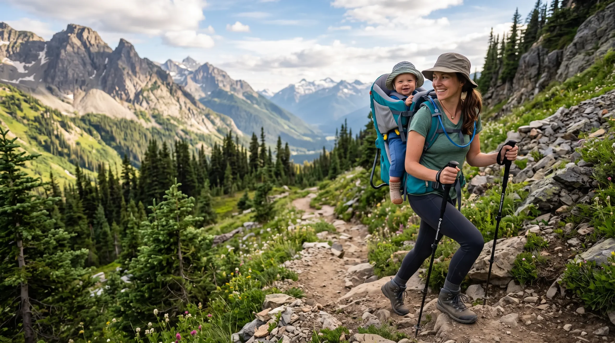 Parent hiking a mountain trail with a baby in a carrier