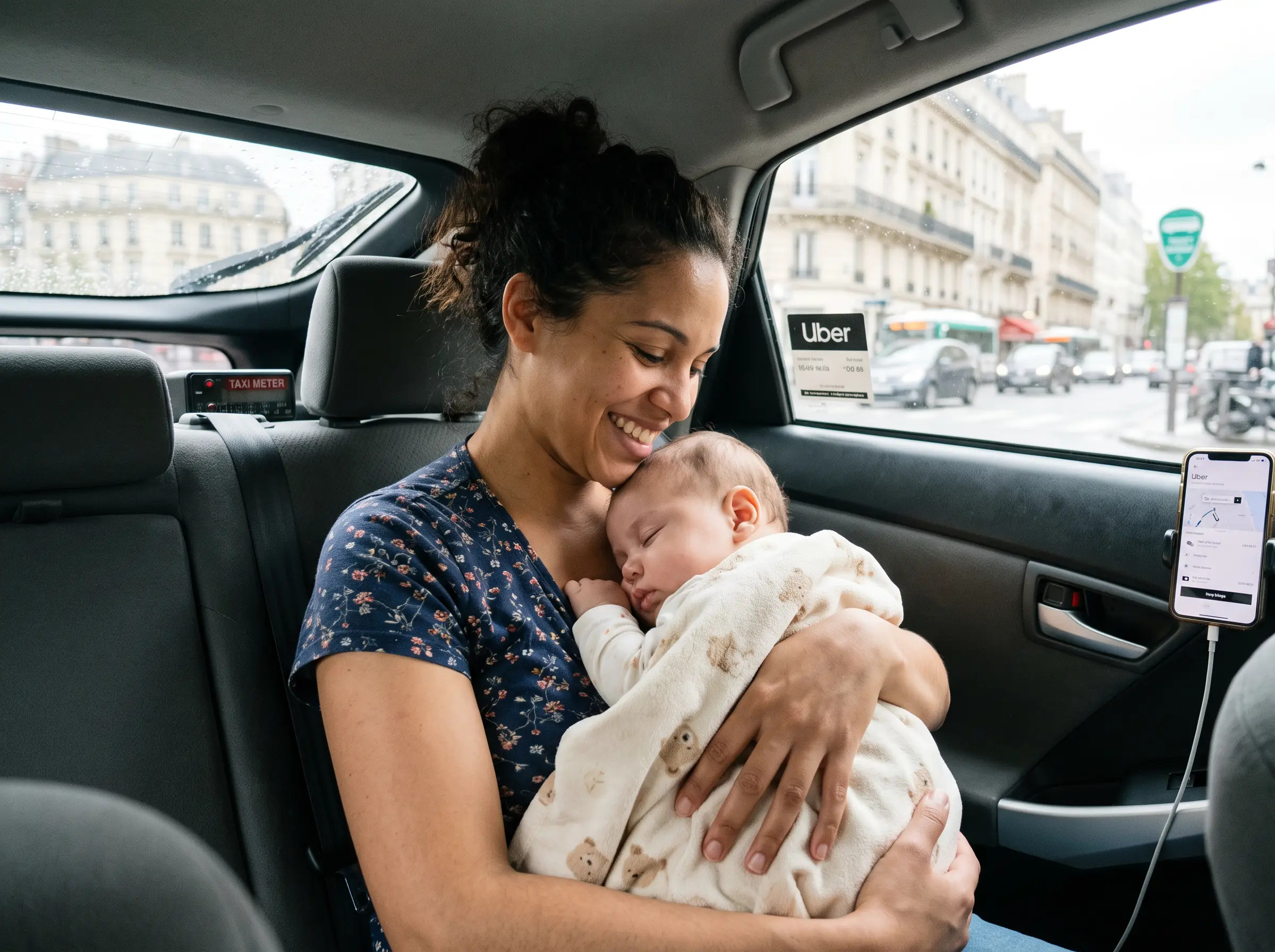 Parent holding a baby getting into a UK taxi