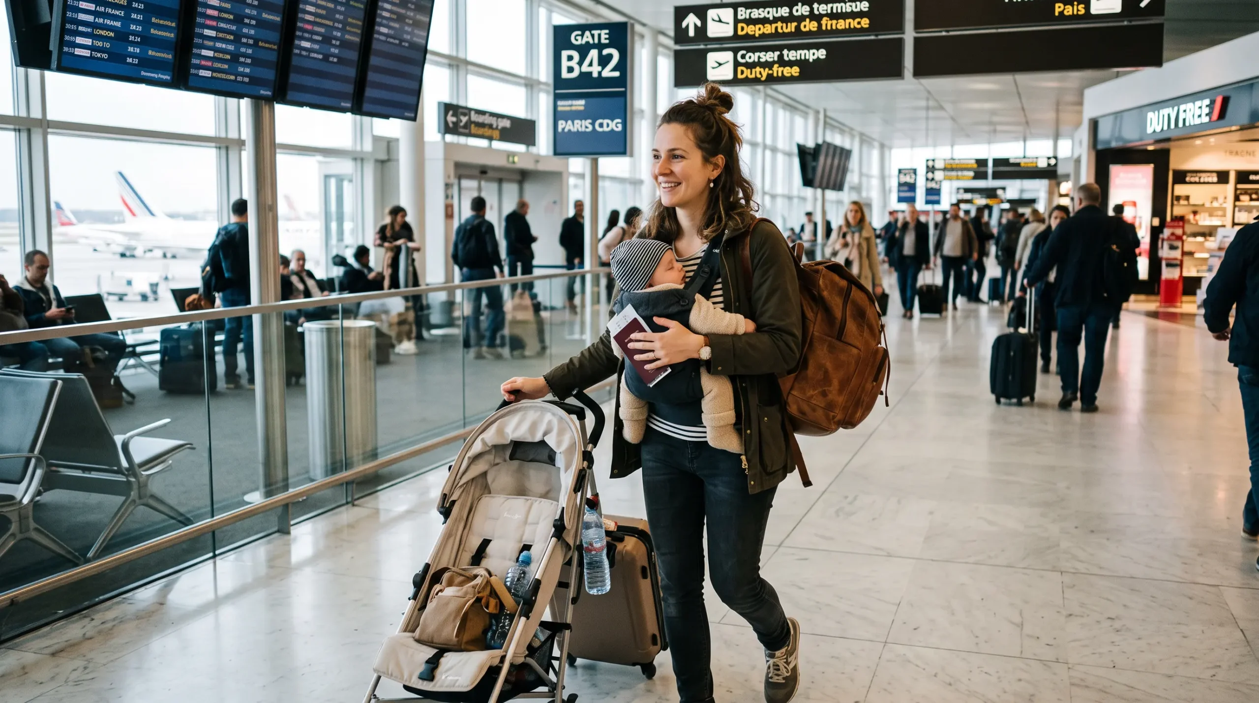 Parent traveling with a baby at different ages