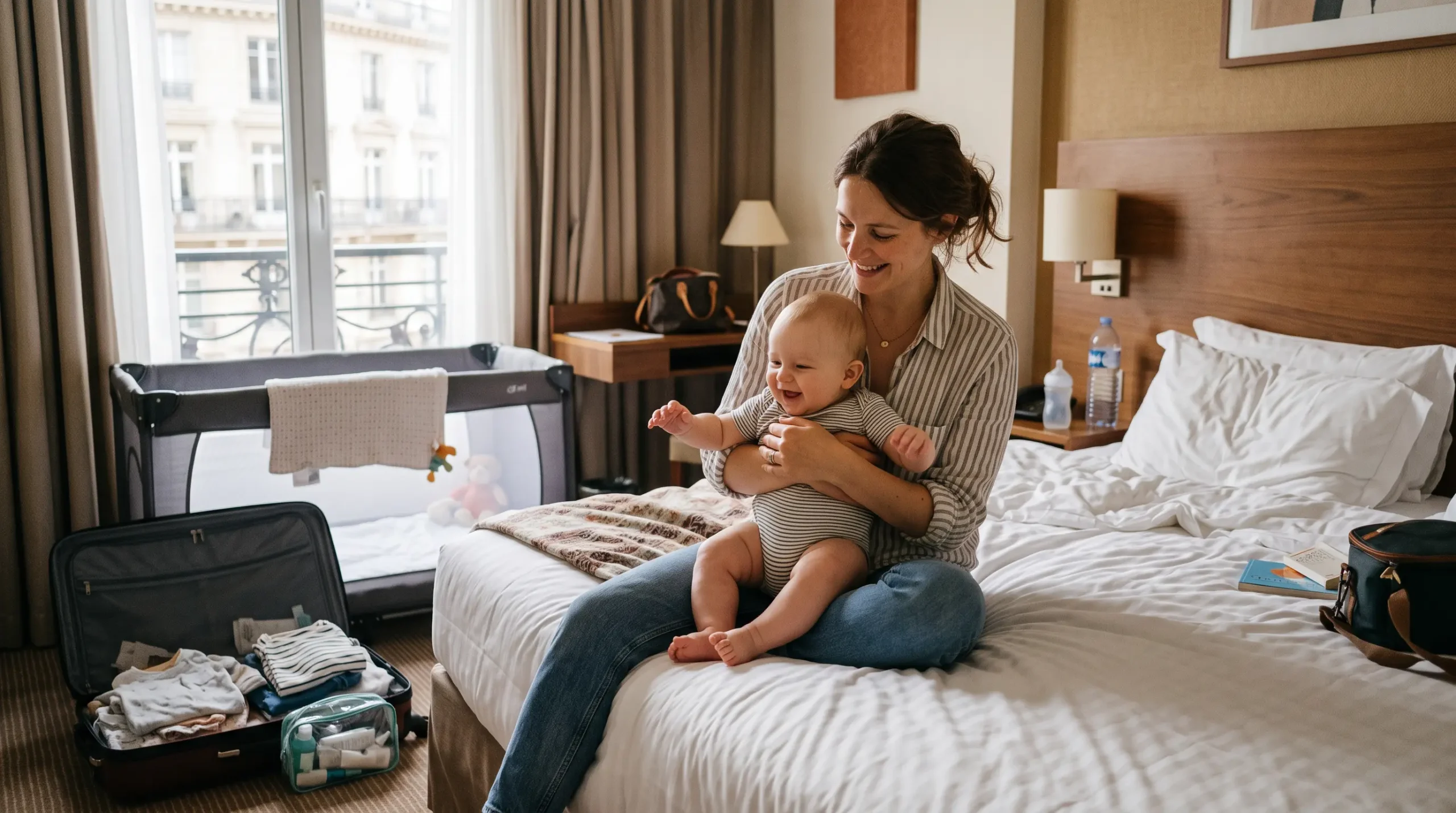 Parent and baby in a hotel room with a crib