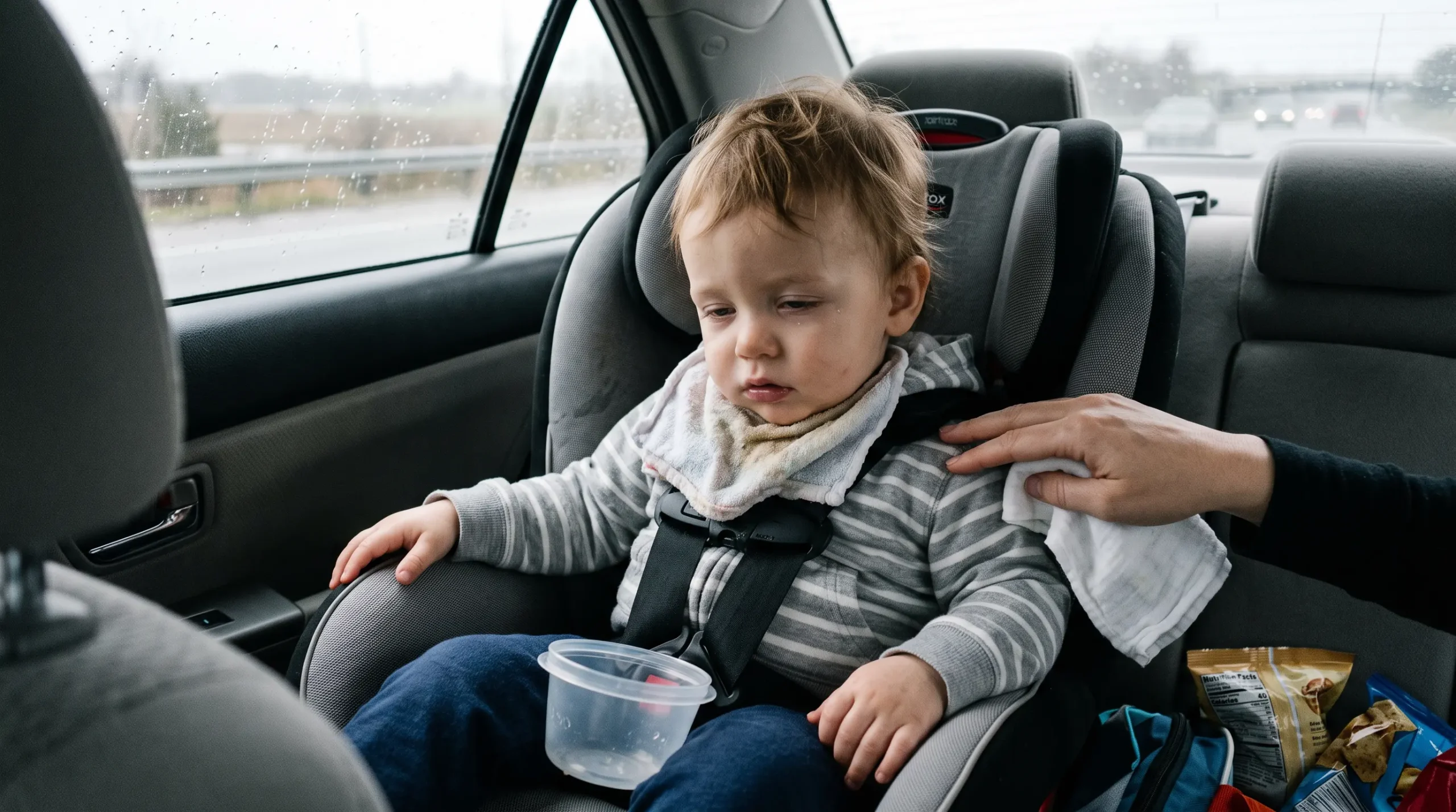 Toddler looking out car window during a road trip