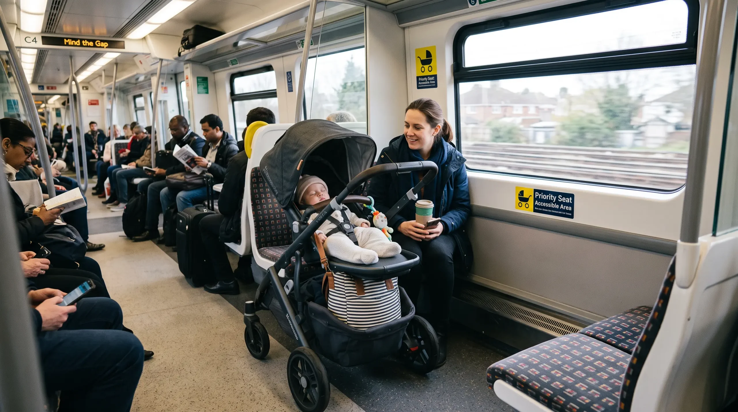 Parent with a folded pram waiting on a UK train platform