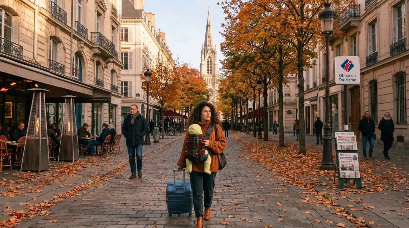 Bebé paseando entre hojas de otoño