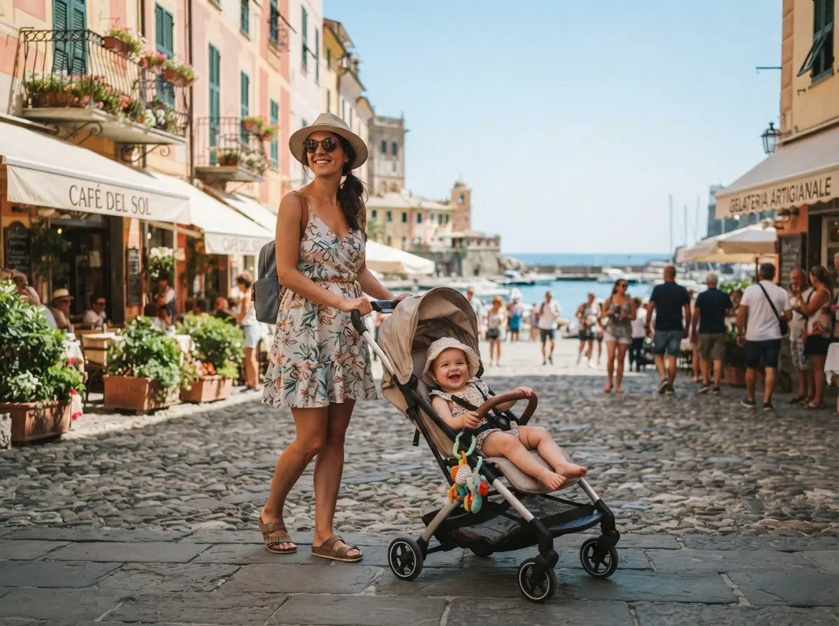 Familia con bebé de vacaciones en verano