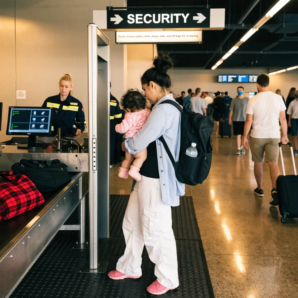 Mom walking through TSA security checkpoint with baby and stroller