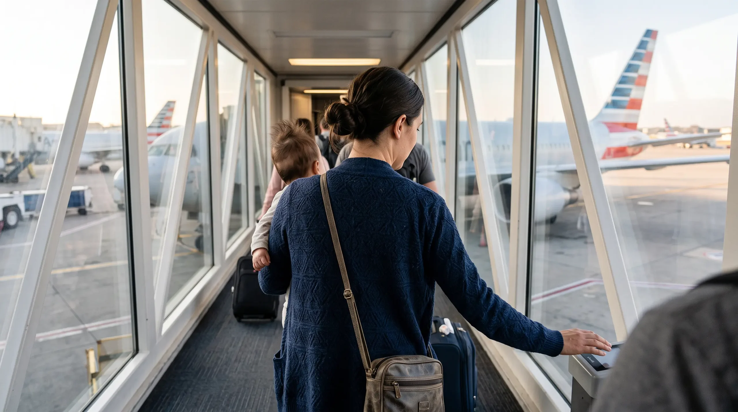Parent boarding an American Airlines flight with a baby and a stroller
