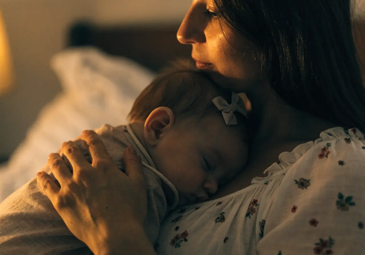 Sleepy baby held by mom at the airport after a long-haul flight
