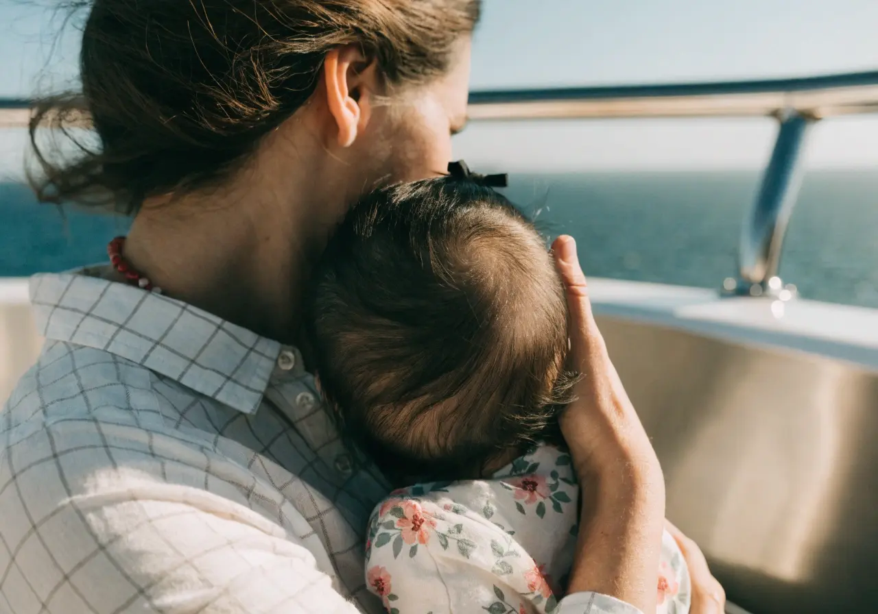 Baby in a stroller on a cruise ship deck overlooking the ocean