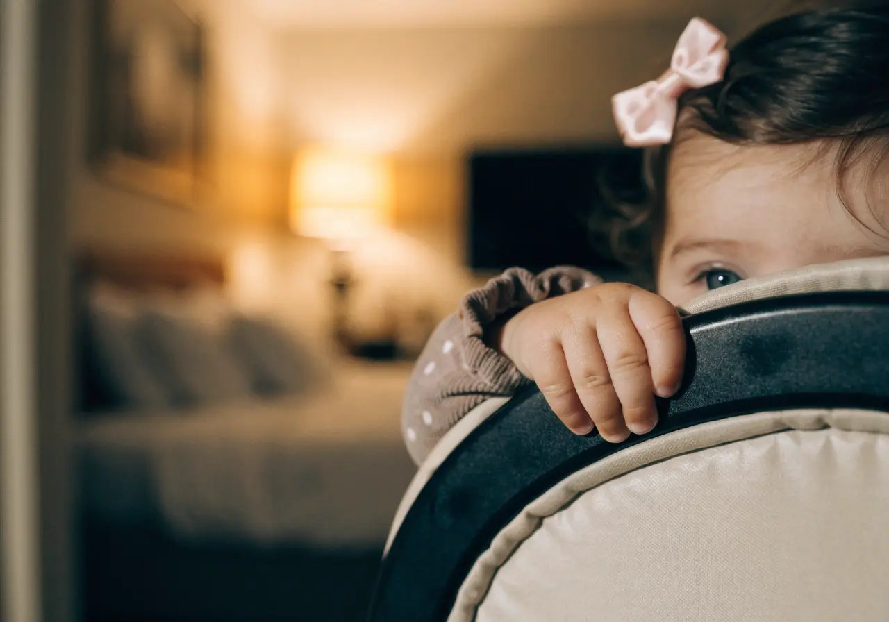 Baby sleeping peacefully in a hotel room crib