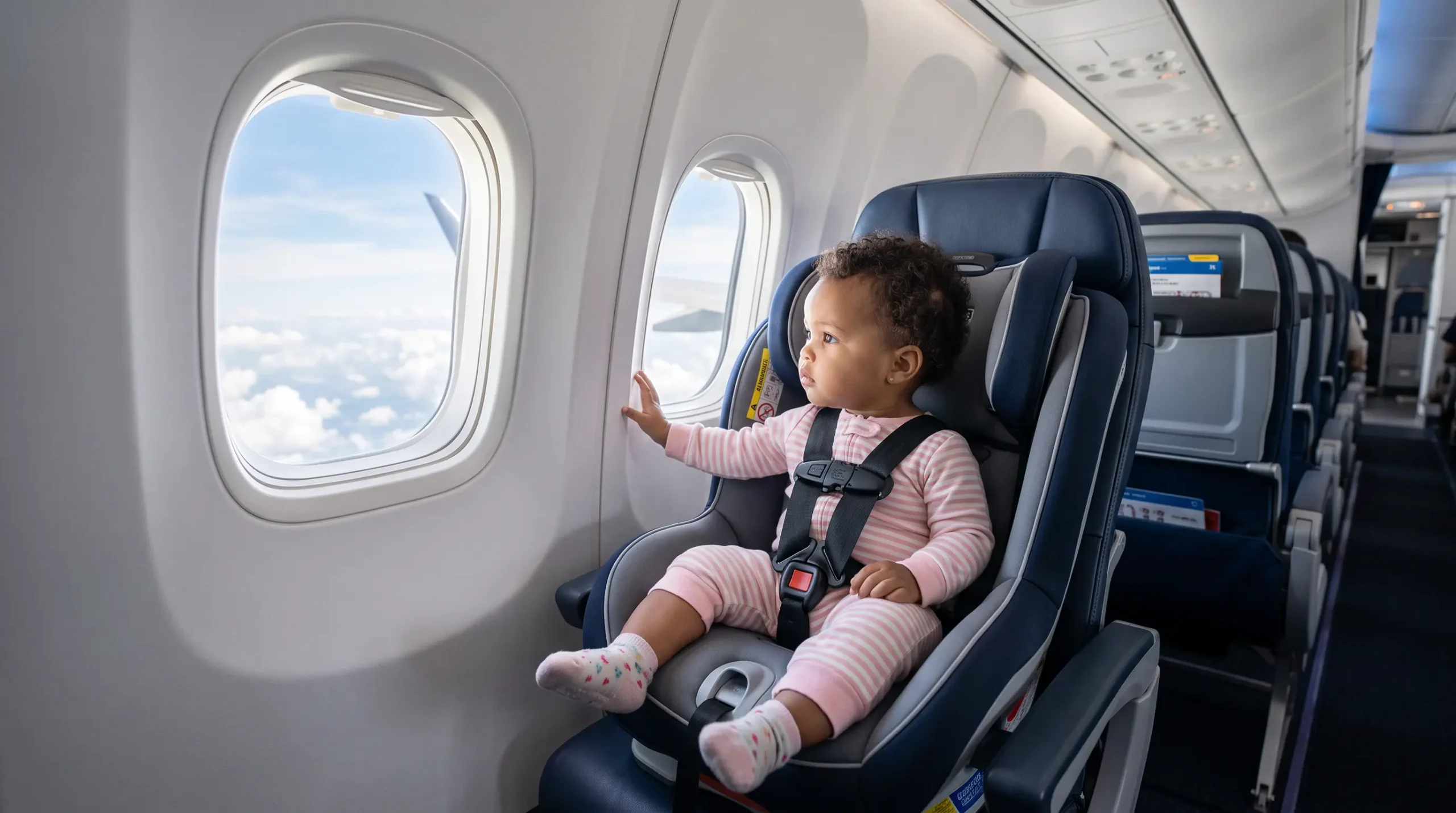 Mom checking a booster seat at the airport gate before boarding