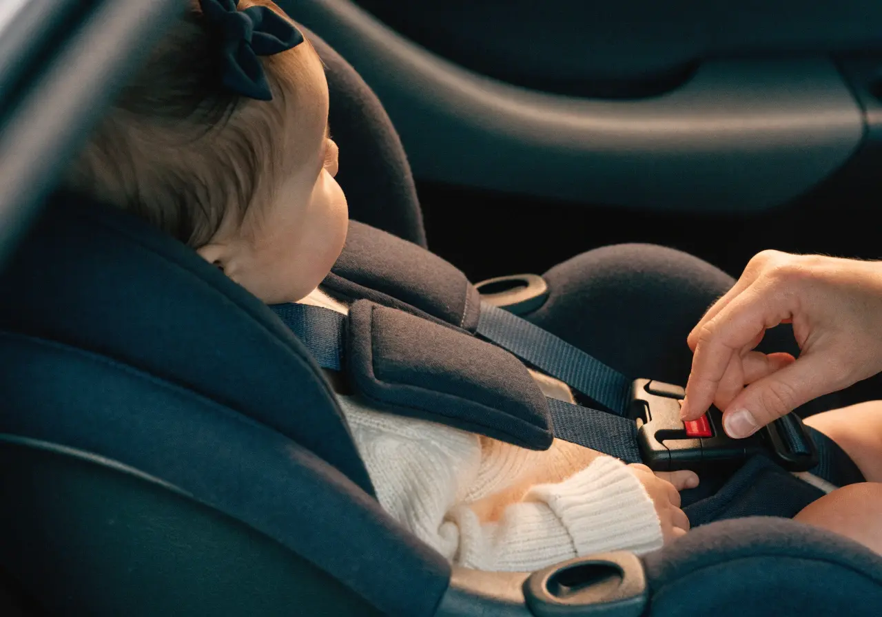 Baby sleeping in a car seat during a road trip