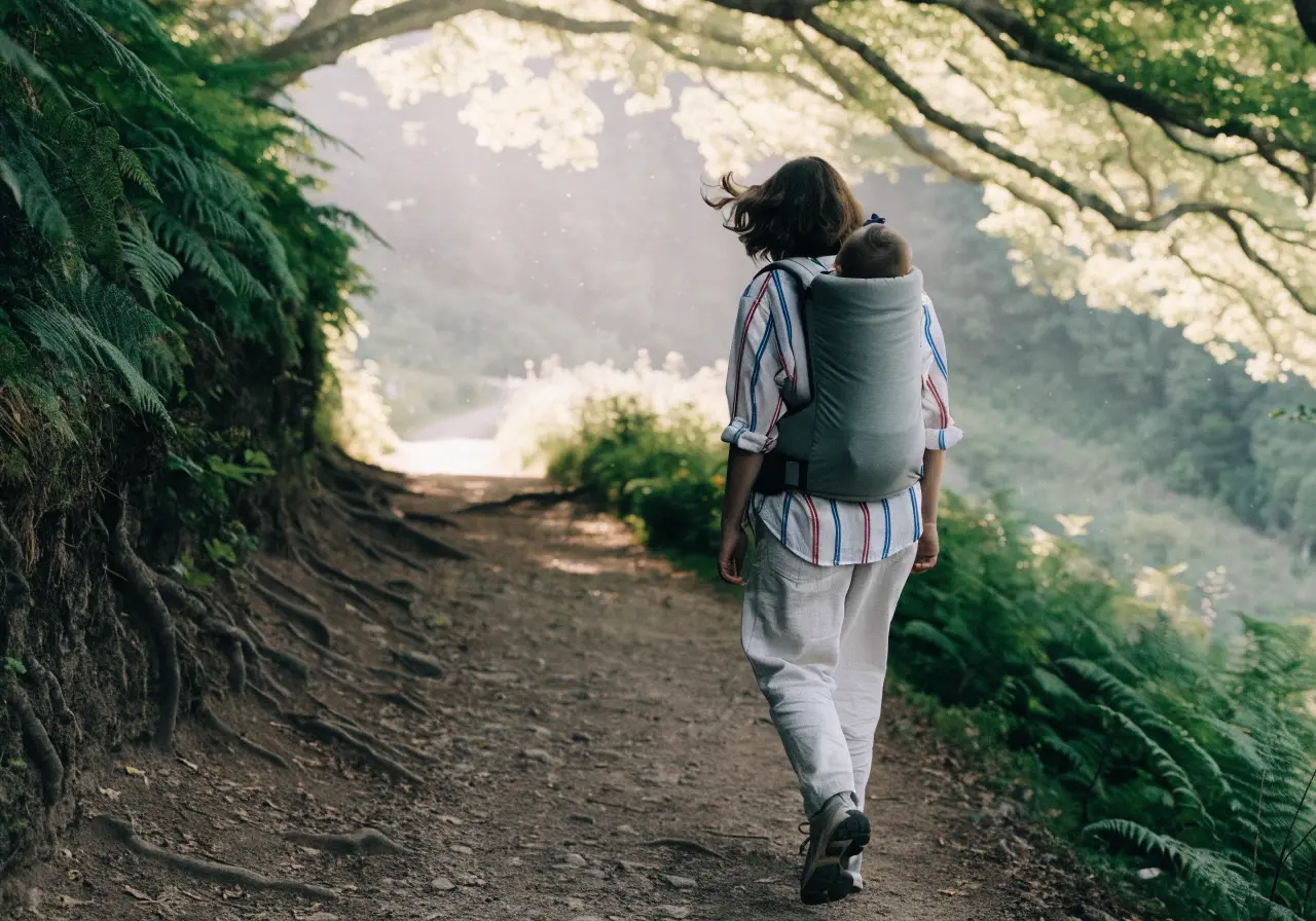 Parent hiking a mountain trail with a baby in a backpack carrier