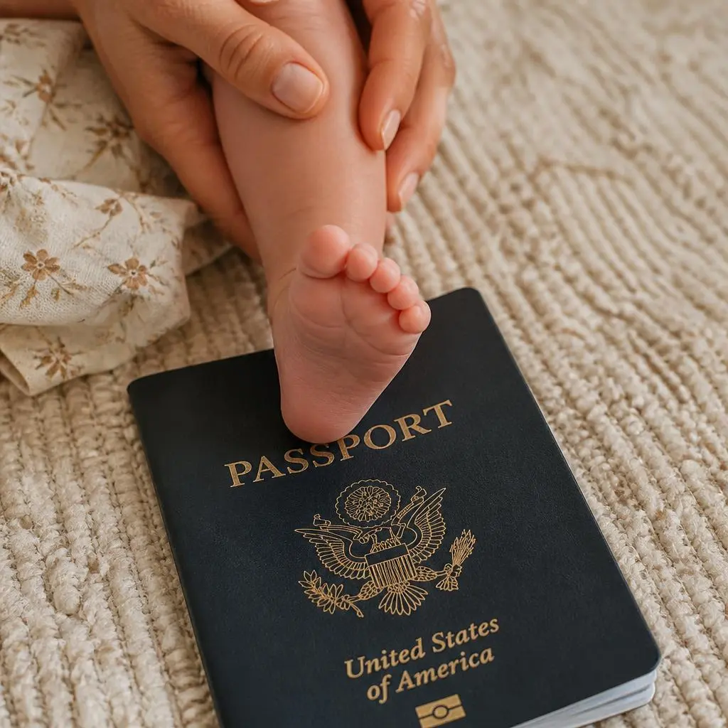 Parent holding a baby's passport and boarding pass at the airport