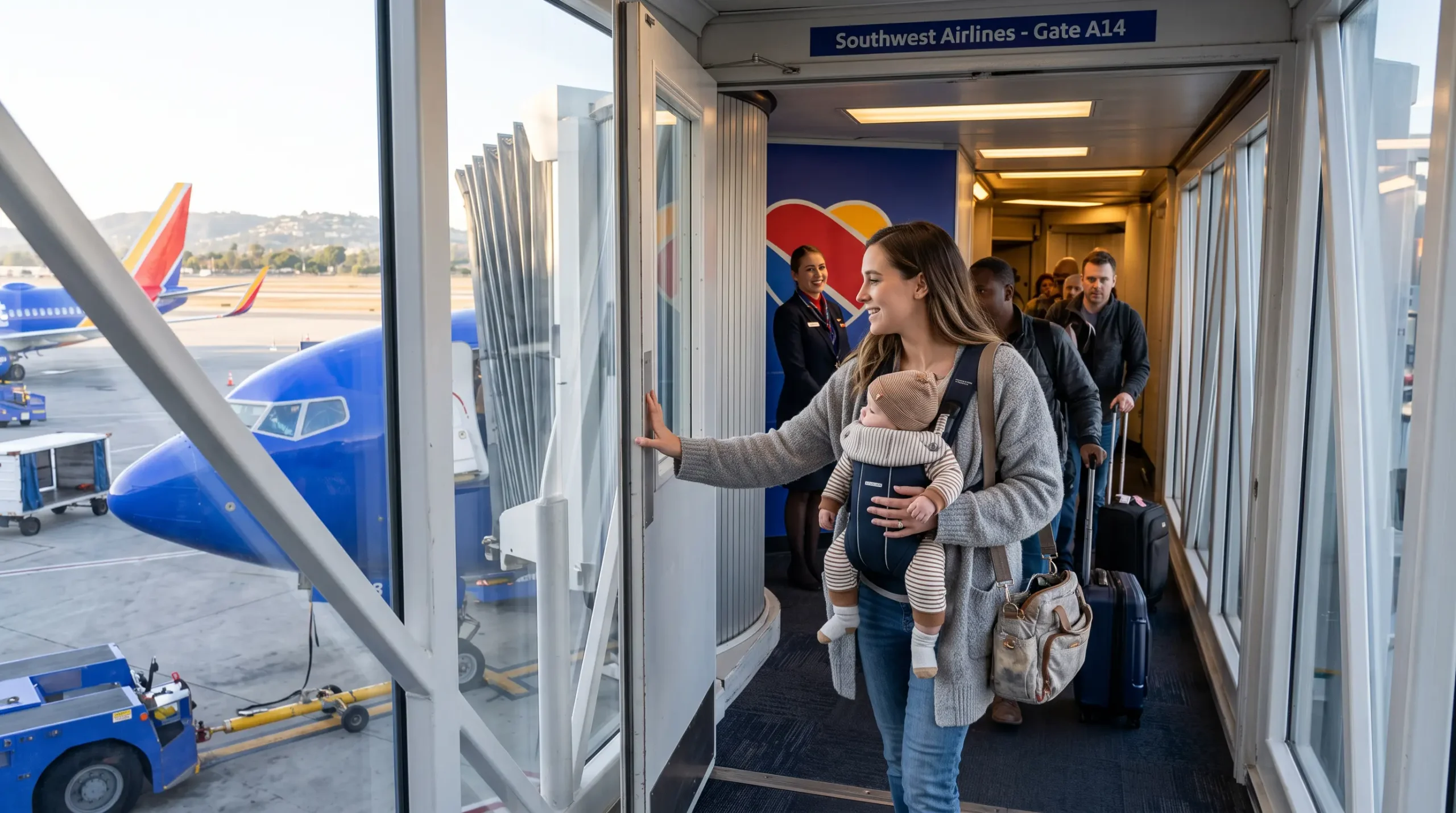 Parent boarding a Southwest Airlines flight while holding a baby