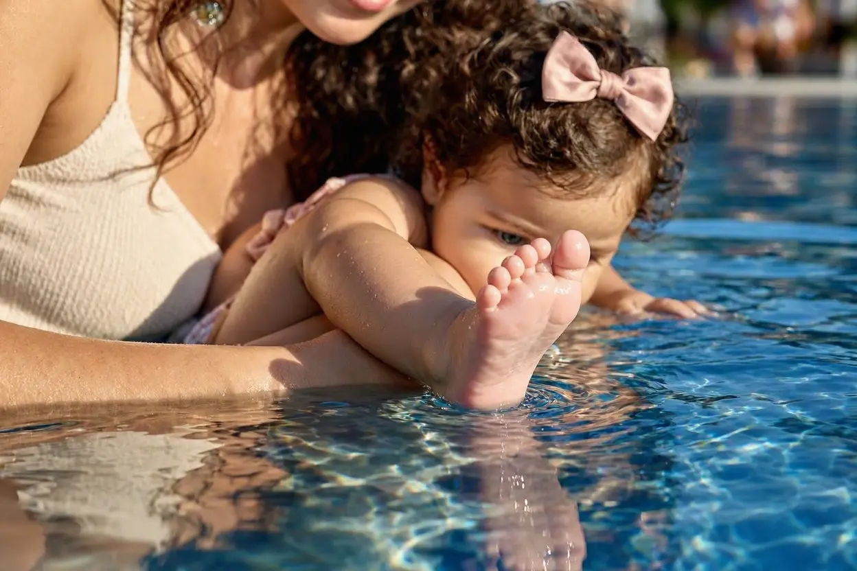 Smiling baby in a swim diaper being held in a pool by a parent
