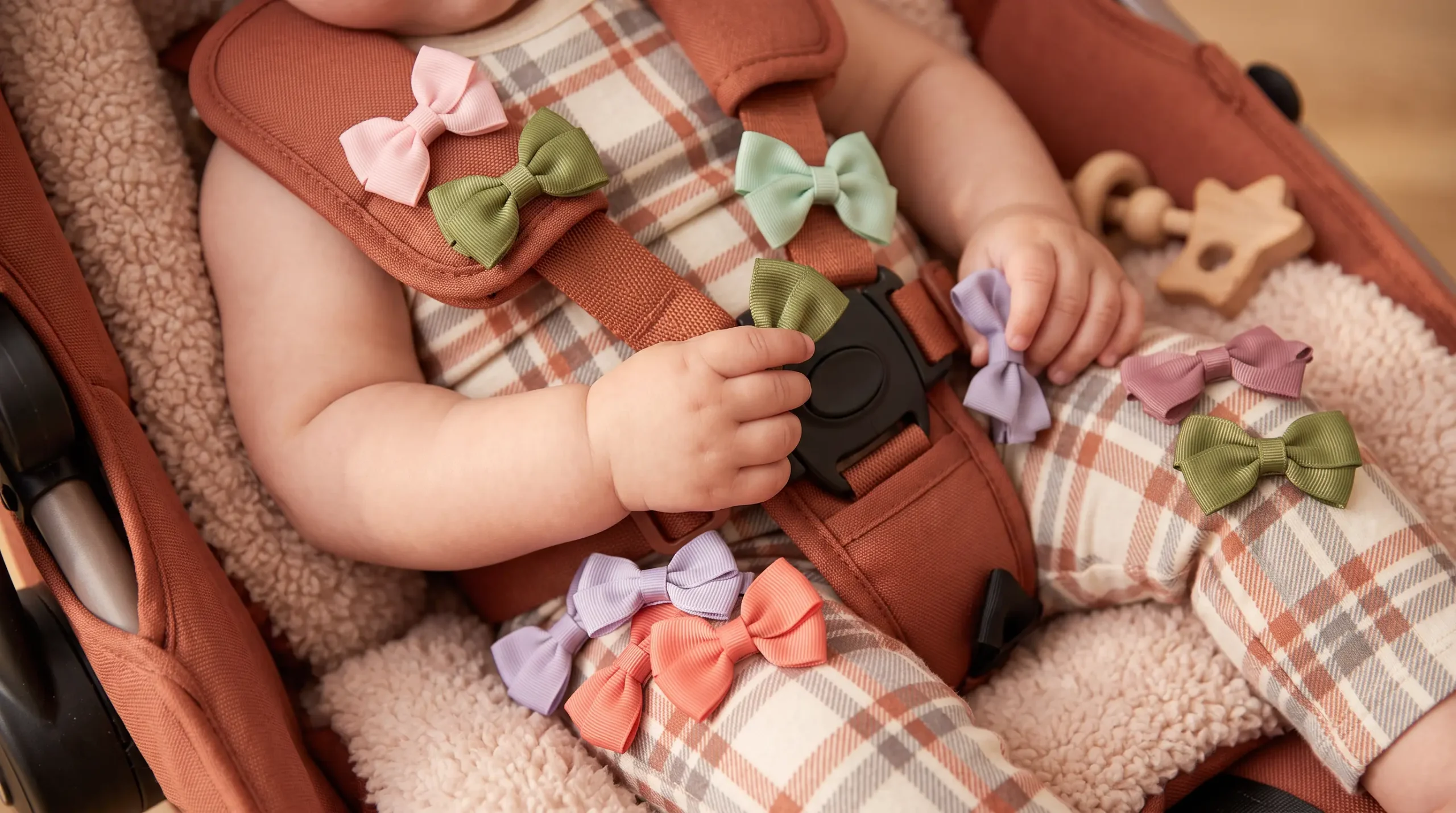Colorful hair clips used as a travel activity for a 1 year old